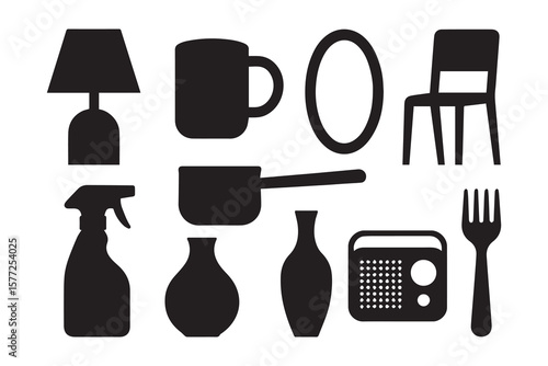 Collection of common household objects depicted as black silhouettes on a white background silhouette