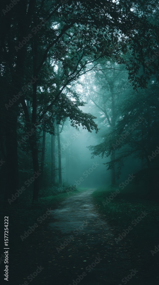 Obraz premium Misty forest path with deep blue fog and silhouetted trees creating a moody, mysterious atmosphere.