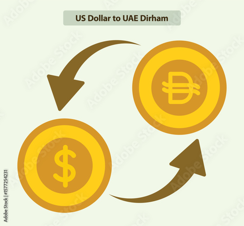 Currency exchange flat vector showing US dollar and UAE dirham coins with circular arrows, clean icon style for forex trading, global payment services, and financial mobile app interfaces