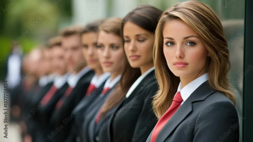 Professional group of individuals dressed in suits standing in a line outdoors during a bright day showcasing confidence and collaboration Professional group of individuals dressed in suits standing in a line outdoors during a bright day showcasing confidence and collaboration