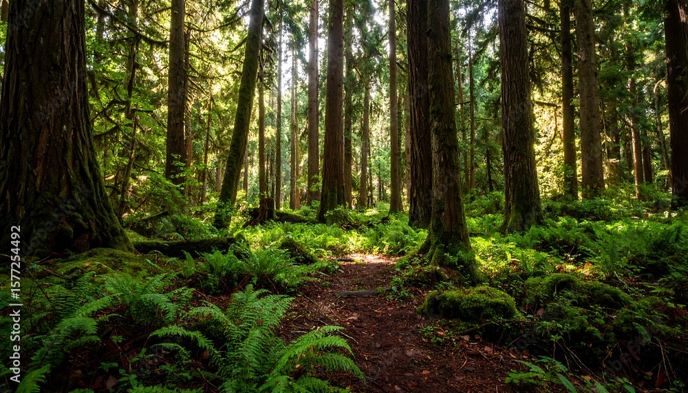 Fototapeta premium Sunlight streams through ancient forest