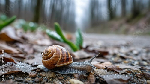 Snail Crawling Over Wet Leaves Along a Trail in a Misty Forest During Early Morning