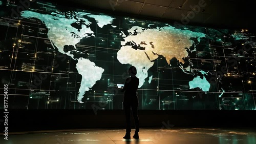 Global data visualization: Woman analyzing the world map on a digital screen