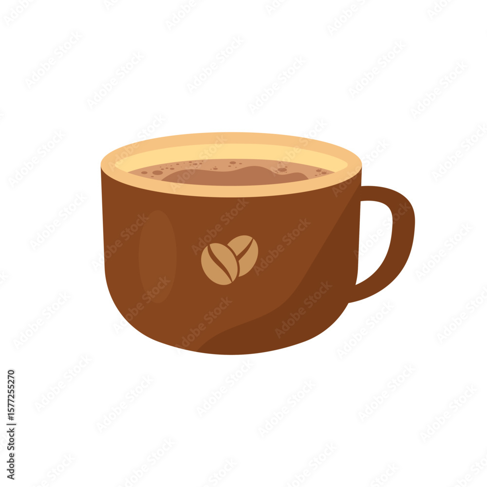 Vector illustration of a brown coffee cup with hot beverage and coffee bean icon, perfect for café branding, menu designs, food blogs, and coffee related print or digital projects. Vector illustration of a brown coffee cup with hot beverage and coffee bean icon, perfect for café branding, menu designs, food blogs, and coffee related print or digital projects.