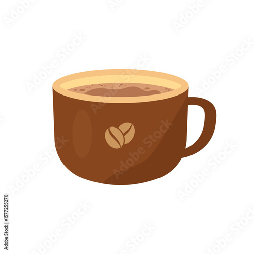 Vector illustration of a brown coffee cup with hot beverage and coffee bean icon, perfect for café branding, menu designs, food blogs, and coffee related print or digital projects.