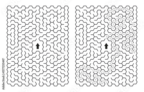 Rectangular maze with solution – black and white vector puzzle from center to edge, clean line art for printable worksheets, logic games, activity books for kids and adults