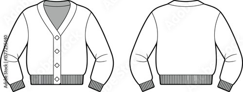 Front and back flat sketch of cropped cardigan sweater, ribbed cuffs and hem, technical vector fashion illustration, button closure design