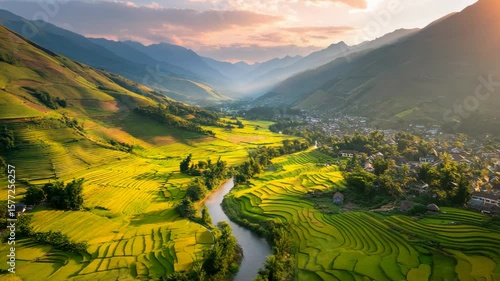 Stunning Aerial View of Serene Valley with Lush Green Rice Terraces and Gentle River at Sunset