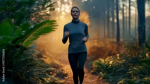 Woman Running in the Forest, Active Woman Jogging Outdoors, Fitness Run in Beautiful Nature
