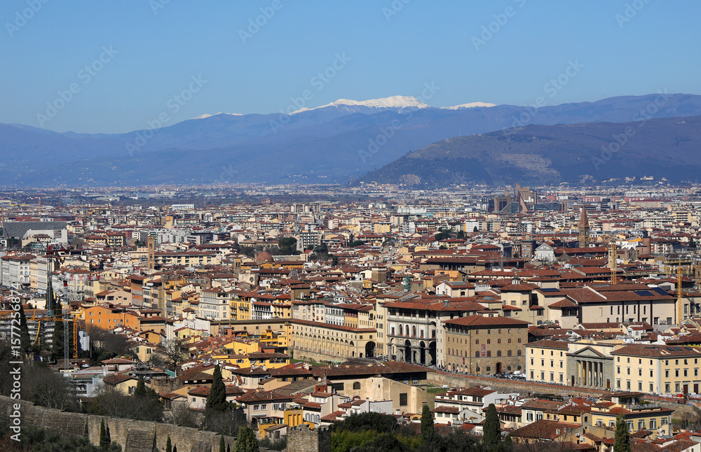 Fototapeta premium Wide View of City Florence in Central Italy and Apennines Mountains in background