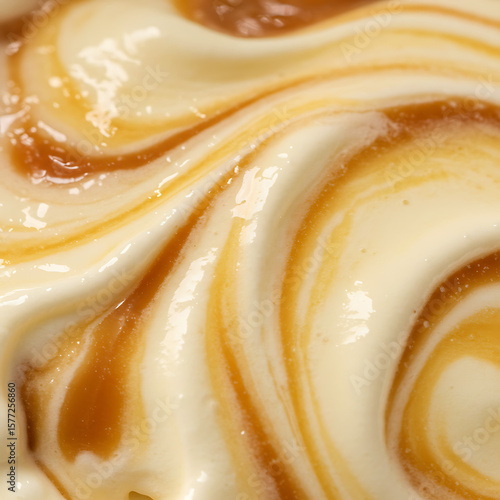 Creamy Texture Close-Up of Swirled Caramel and Vanilla Delight, Perfect for Dessert Recipes and Food Blog Backgrounds
