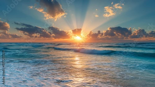 Stunning Sunrise Over the Ocean with Rays of Light Spreading Across the Sky
