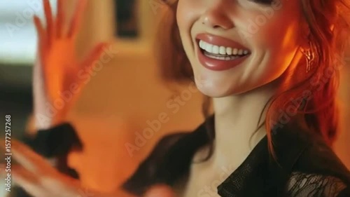Smiling Woman Enjoying Her Time, Happy Woman Smiling with Raised Hands, Joyful Woman in Indoor Lighting
