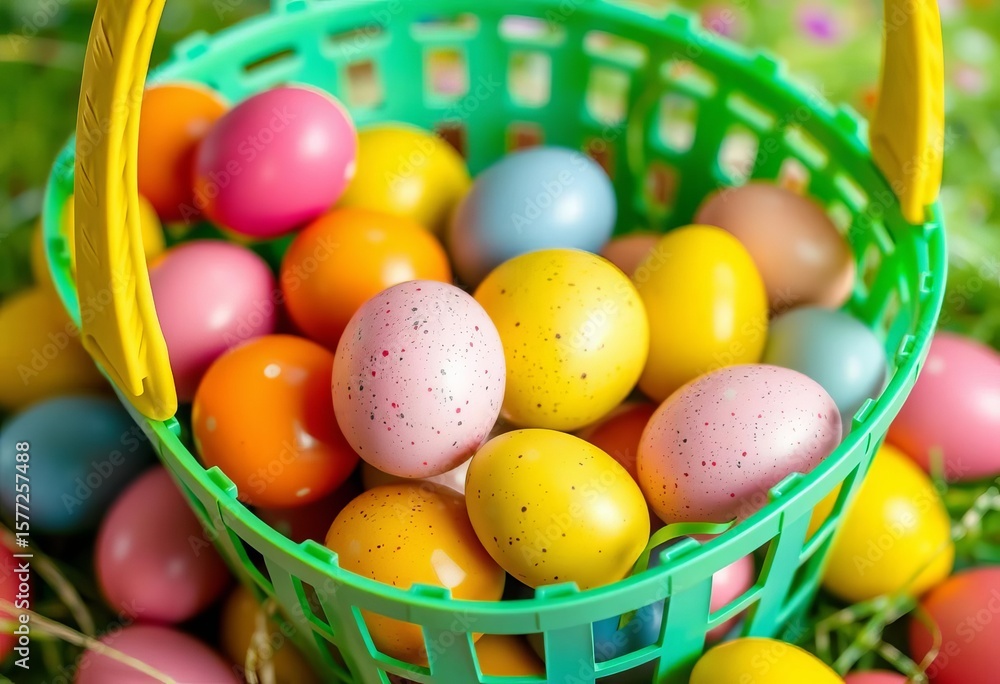 Naklejka premium Colorful plastic Easter basket overflowing with speckled eggs, chick, rebirth