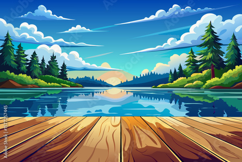 wooden floor in spring park with green trees, lake, and blue sky. Natural forest landscape reflection, peaceful outdoor scene, nature background