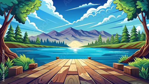 wooden floor in spring park with green trees, lake, and blue sky. Natural forest landscape reflection, peaceful outdoor scene, nature background