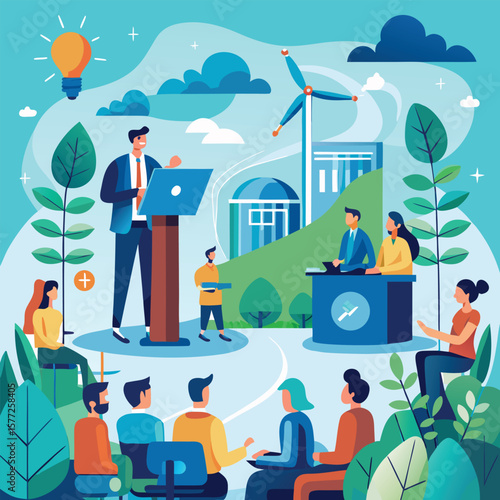 Sustainable energy conference presentation featuring people presenting renewable energy solutions in modern illustration