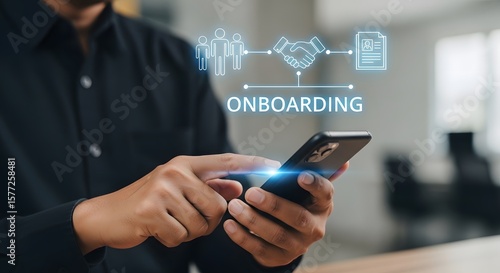 Employee onboarding shown through a mobile phone application with a seamless experience and new employee document and agreement process.
