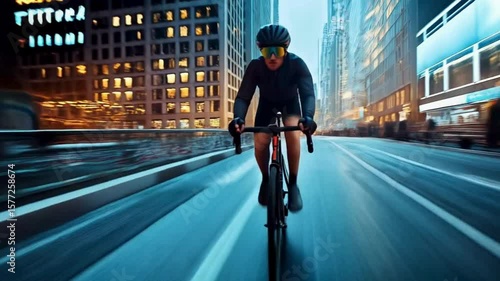 Cyclist Riding Through City Streets at Night, Urban Cycling at Night, Active Cyclist on Busy Street
