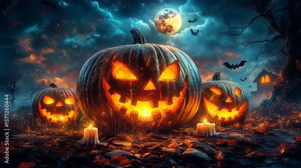 Naklejka premium Halloween background with pumpkins, candles and haunted house. Halloween night wallpaper design for poster, card or banne