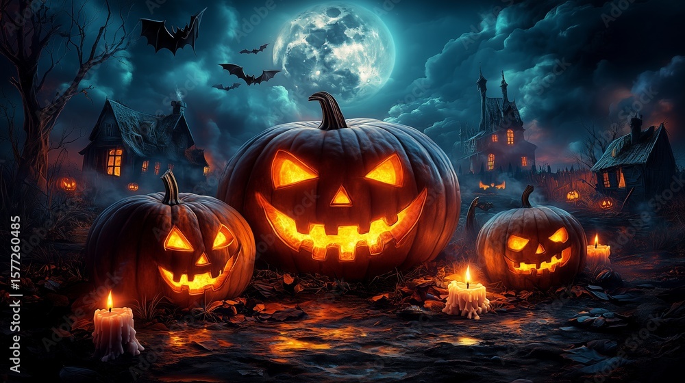 Naklejka premium Halloween background with pumpkins, candles and haunted house. Halloween night wallpaper design for poster, card or banne