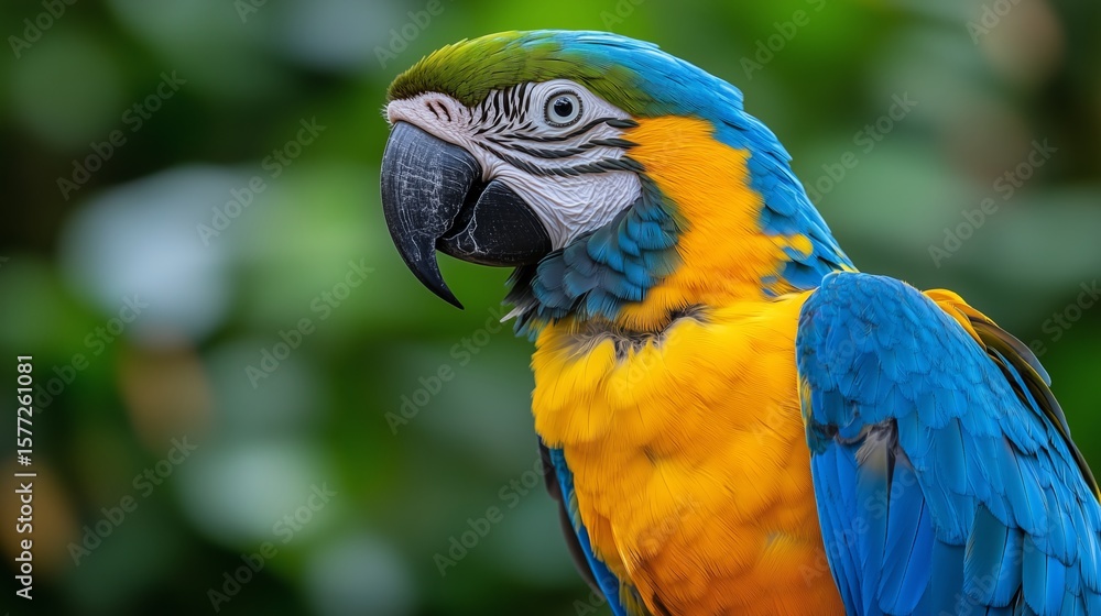 Obraz premium Close up of parrot face, blue and yellow macaw portrait on blurred background. Blue-and-gold Macaw bird close-up. A colorful bright exotic tropical bird with beautiful feathers