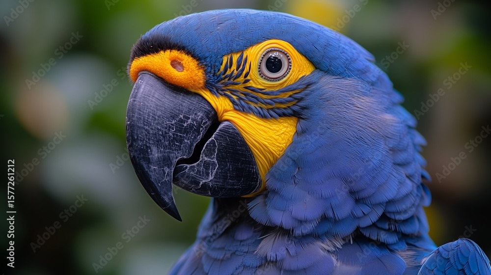 Obraz premium Close up of parrot face, blue and yellow macaw with beautiful feathers on head looking at camera against blurred background in wildlife,