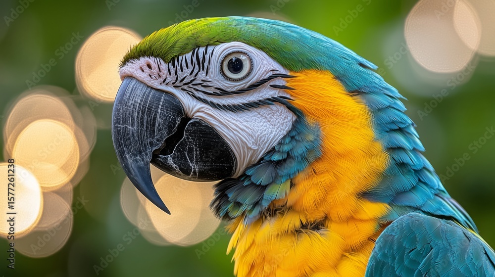 Fototapeta premium Close up of parrot face, blue and yellow macaw with beautiful feathers on head looking at camera against blurred background in wildlife,