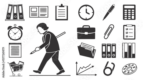 Business icons collection featuring a person walking a tightrope with office supplies and business tools for success