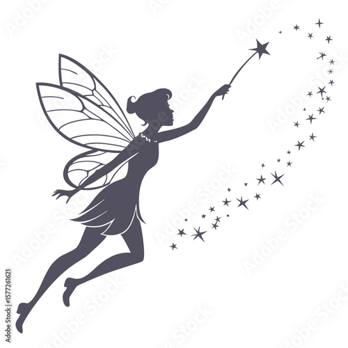 Graceful silhouette of a fairy with wings holding a magic wand creating a trail of sparkling stars