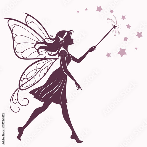 Whimsical silhouette of a fairy with delicate wings holding a starry wand creating magical sparkles and stars