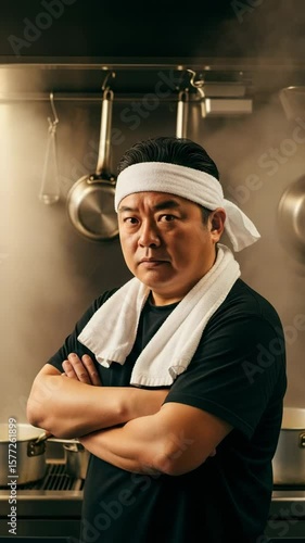 Serious Ramen Shop Owner with Arms Crossed in Kitchen