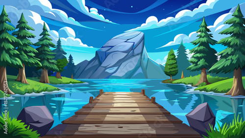 wooden floor in spring park with green trees, lake, and blue sky. Natural forest landscape reflection, peaceful outdoor scene, nature background