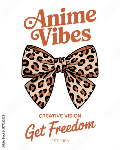  Anime Girl Graphic with Bow and Leopard Print – Stylish Animal Pattern Illustration for Modern Women’s T-Shirt Apparel Design"