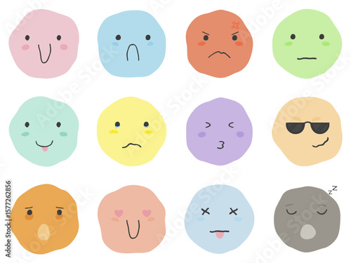 Funny cartoon smiley face set with various emotions and expressions