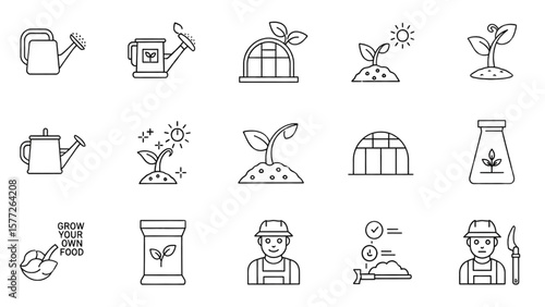 Gardening and Agriculture Line Icon Set – Greenhouse, Seedling, Watering Can, Sprout, Farmer, Fertilizer Vector

