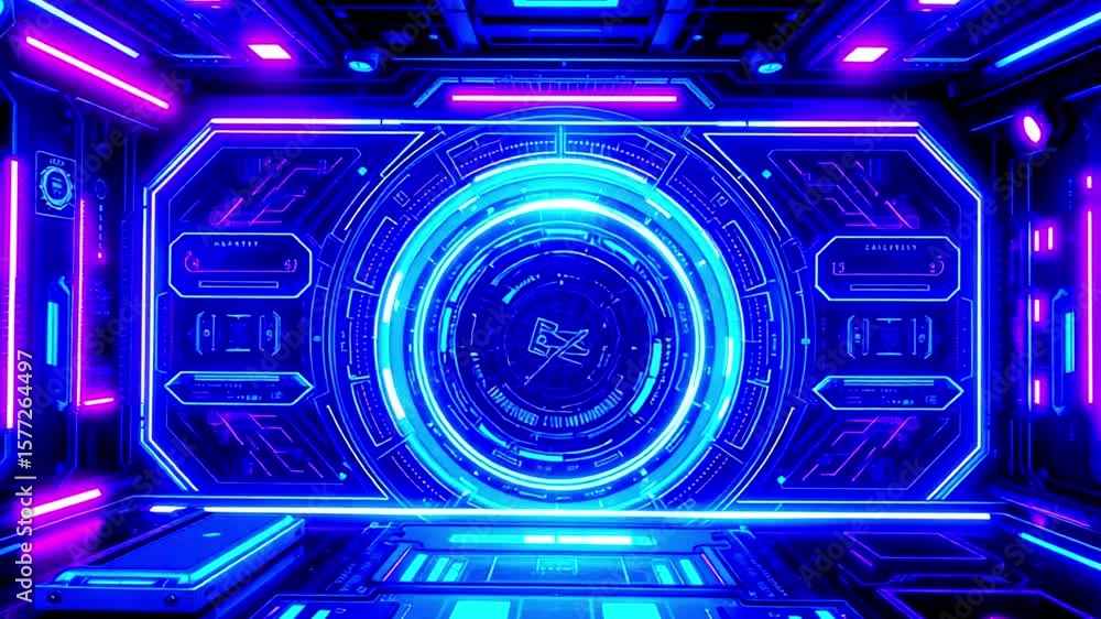 Futuristic Sci-Fi Tunnel with Neon Lights and Digital Interface, 4k video