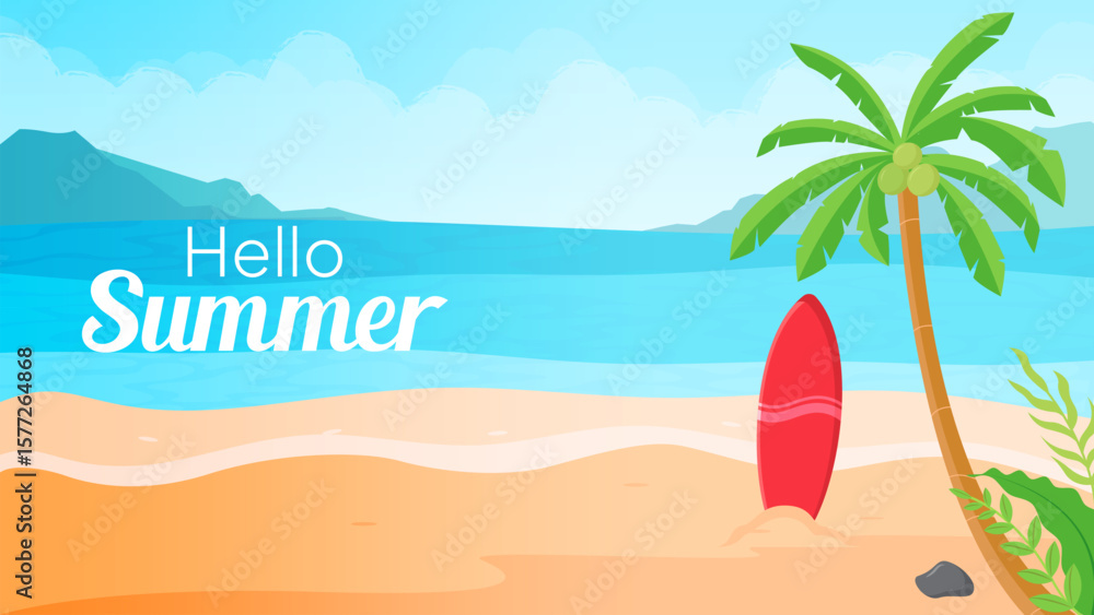 Fototapeta premium Summer beach background with surfboards and coconut trees. Vector template for banners, posters, and greeting cards. Beautiful seascape flat design.