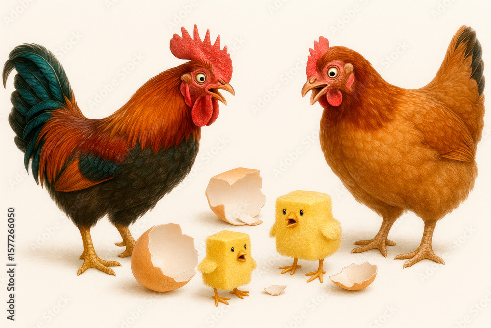 Fototapeta premium Surprised parents of chickens and square chickens, the absurdity of reality.