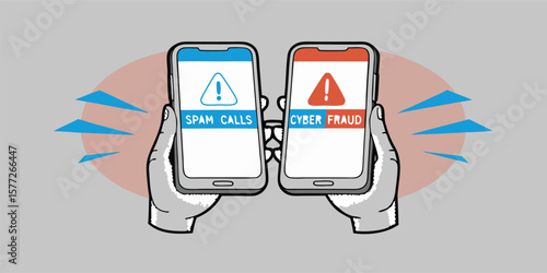Hands holding phones warning of spam and fraud technology