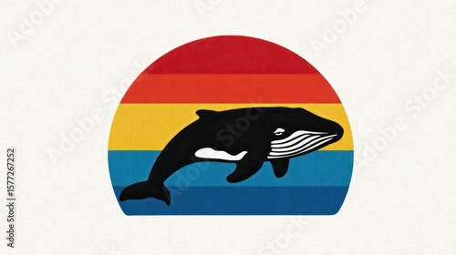 A whale silhouette in a retro-style sunburst
