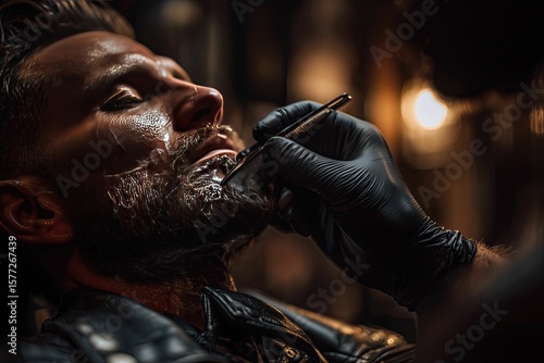 The face of a man getting beard cream applied