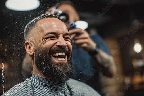 A laughing man in a barbershop and a splash of water