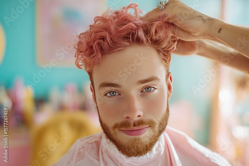 Portrait of a man with pastel coloring in a barbershop