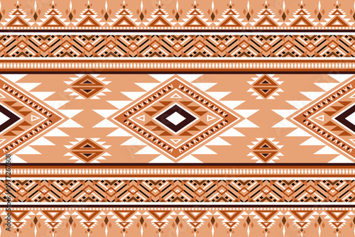 Intricate geometric tribal pattern in warm brown white and orange colors featuring diamonds and zigzags