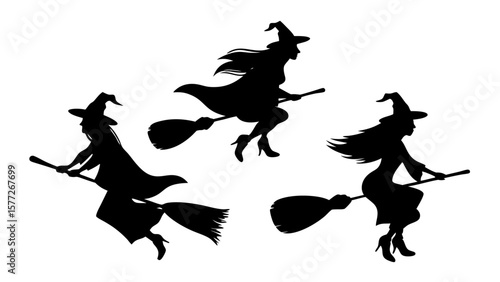 Set Of Flying Witch Silhouettes on Broomsticks