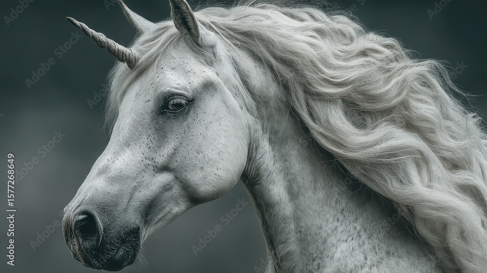 Obraz premium Majestic unicorn with flowing mane captured in black and white portrait showcasing mythical beauty