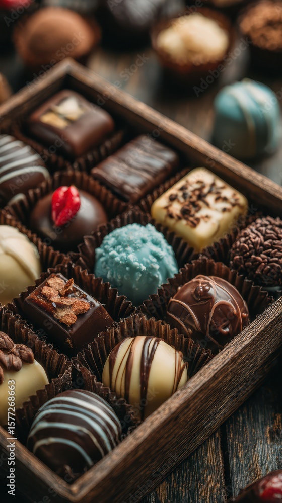 Delicious assorted chocolates arranged in an elegant box ready for gifting at a cozy dessert shop Delicious assorted chocolates arranged in an elegant box ready for gifting at a cozy dessert shop