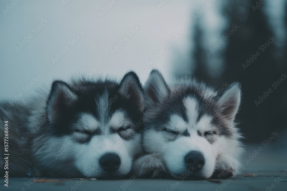 Obraz premium Dreamy husky pups slumber under twilight haze, capturing Lunar New Year whispers, canine serenity, winter solace spirit