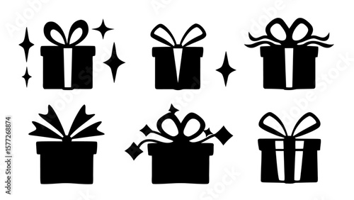  Gift boxes with ribbon icons Set. Gift box flat silhouette set.